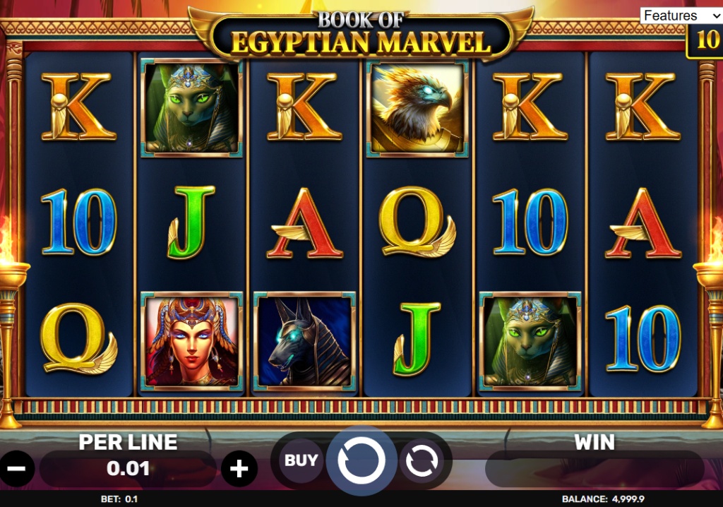 The 6x3 reel grid of the Book of Egyptian Marvel slot showcasing the main game symbols.