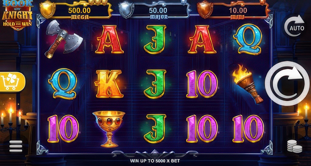 The main game screen of the Book of Knight Hold and Win slot, featuring its 5x3 grid, medieval symbols, and three jackpot prizes.