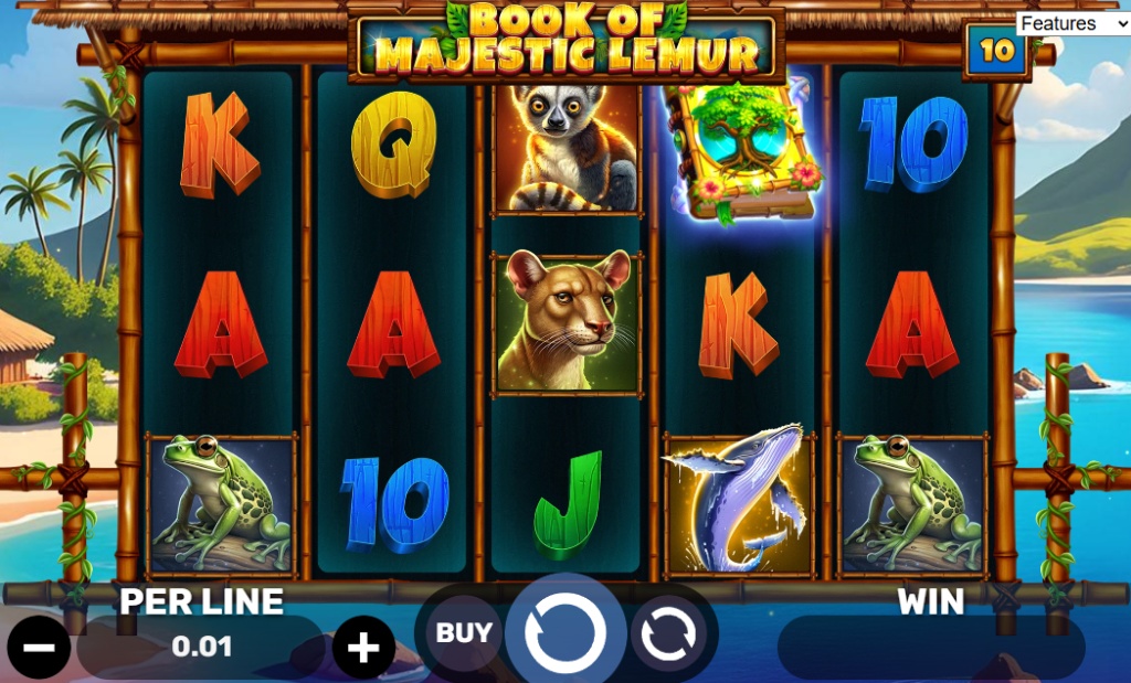 The 5x3 game grid of the Book of Majestic Lemur slot, showcasing its wildlife theme with various animal symbols and the special 'Book' symbol against a tropical island backdrop.