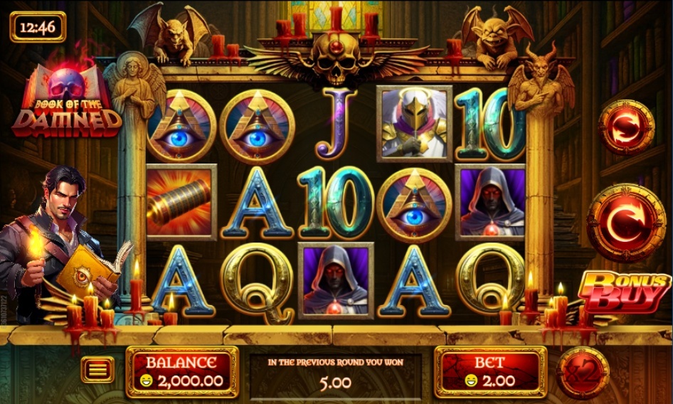 The main 5x3 gameplay grid of the Book of the Damned slot, featuring character symbols and the Bonus Buy option.