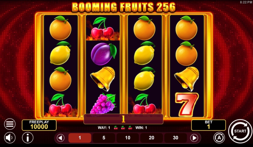 The 4x4 game grid of the Booming Fruits 256 classic slot, which features traditional fruit, bell, and seven symbols and offers a ways-to-win mechanic.