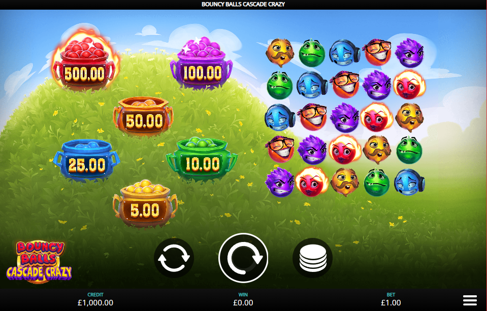 Base game grid of Bouncy Balls Cascade Crazy slot