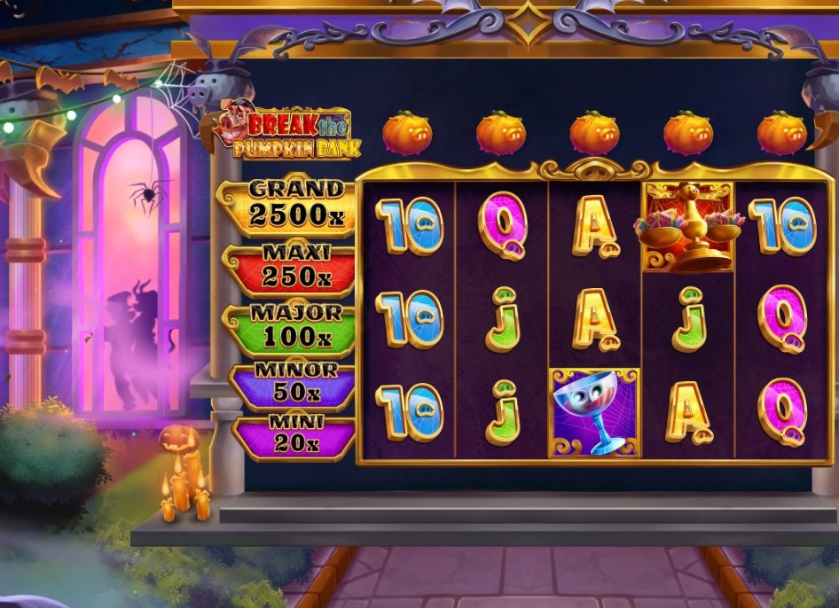 The main 5x3 reel layout of the Break the Pumpkin Bank slot, showing the jackpots and game symbols.