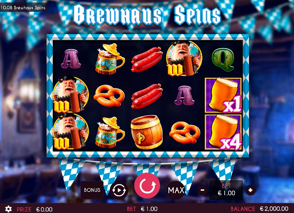 The main game grid of the Brewhaus Spins slot, showing the 5x4 reel layout and Oktoberfest-themed symbols.