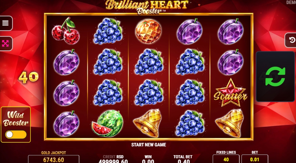 Brilliant Heart Booster slot base game screen, showing the 5x3 reel layout, a variety of fruit and classic symbols, and the Wild Booster feature button.