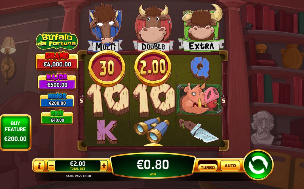 The 5x3 reel layout of the Búfalo da Fortuna slot, showcasing its four jackpot prizes and special buffalo symbols.