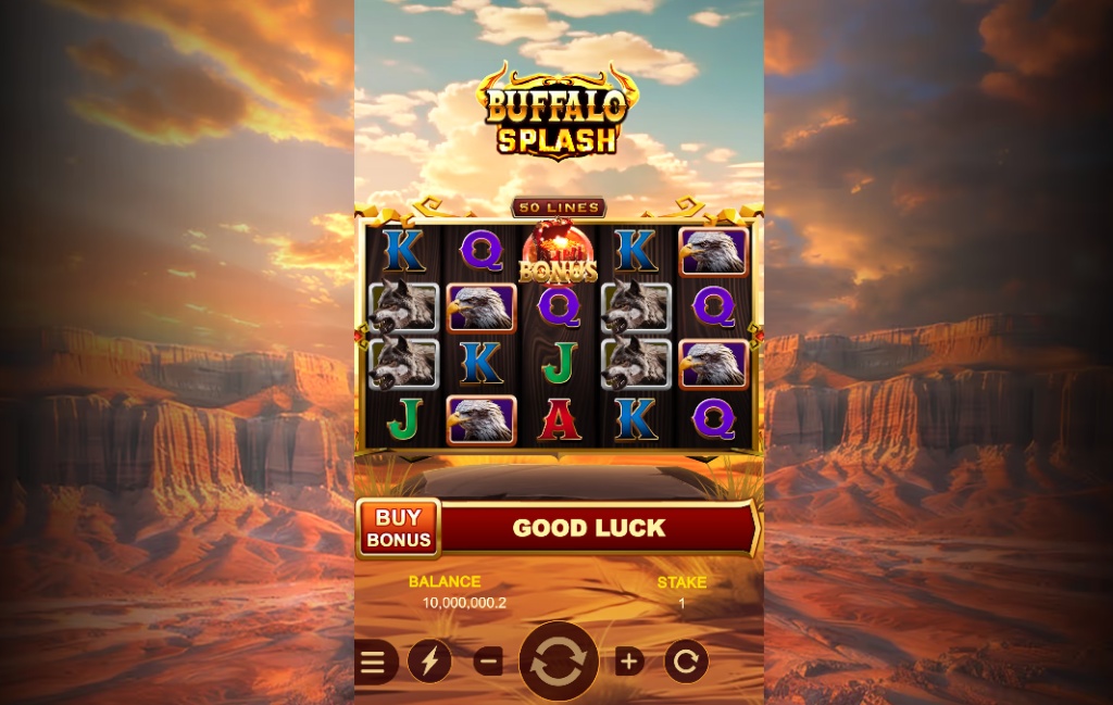 A view of the Buffalo Splash slot's main 5x3 gameplay grid showing animal and card symbols on a sunset canyon backdrop.