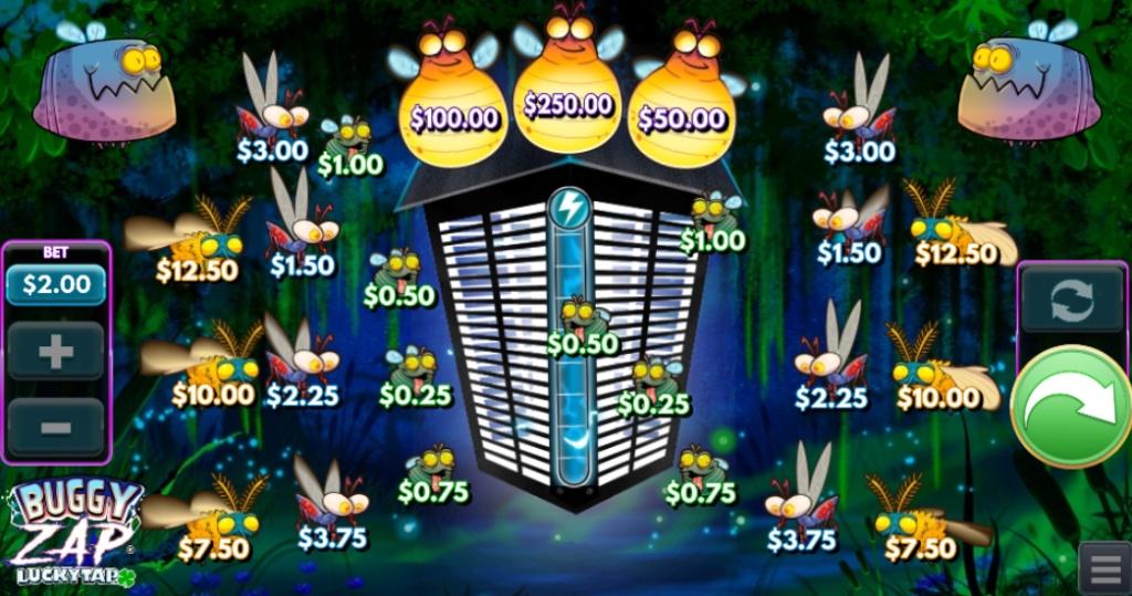 The main gameplay screen of the Buggy Zap LuckyTap slot, displaying the bug zapper and potential cash prizes on insects.