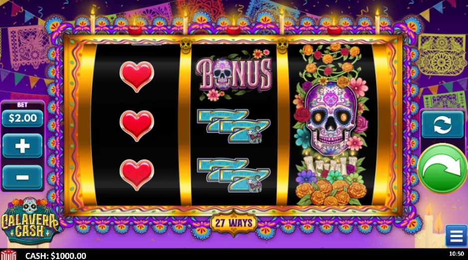 The 3x3 reel layout of the Calavera Cash slot, showing the game's festive symbols during base gameplay.