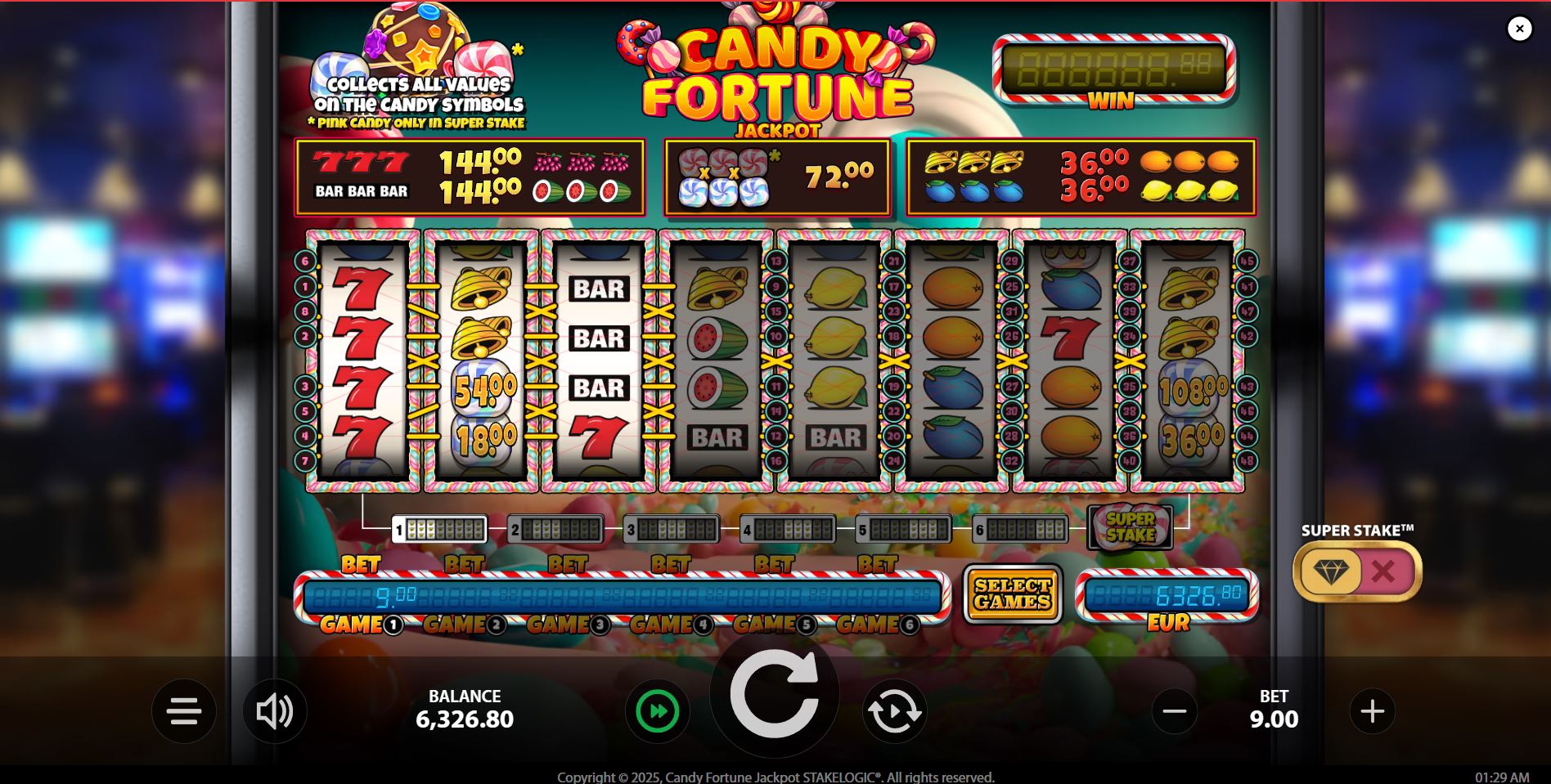 The base game interface of Candy Fortune Jackpot slot showing a single 3-reel game grid active.