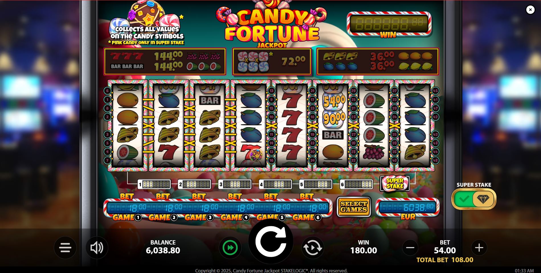 The Collector Symbol capturing cash values from several Candy Symbols for a big win in Candy Fortune Jackpot.