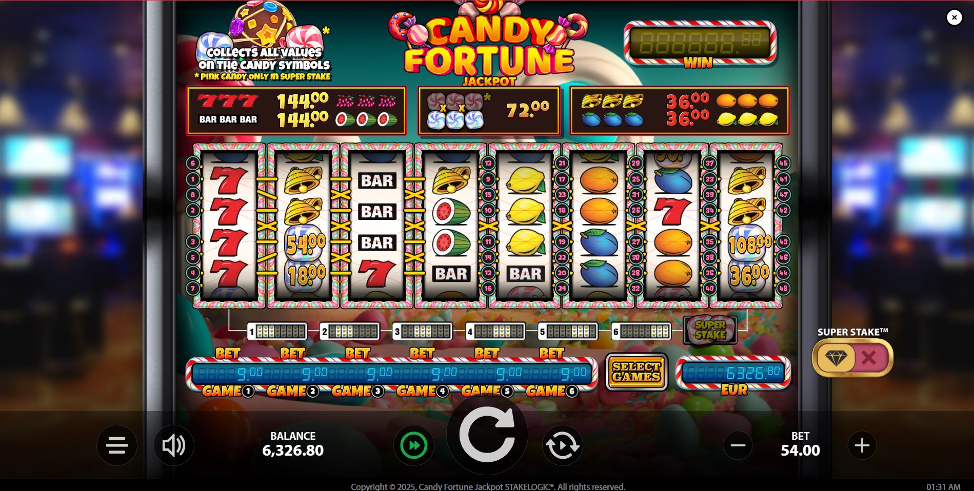 Full 8-reel, 48-payline layout with all six games active in the Candy Fortune Jackpot slot.