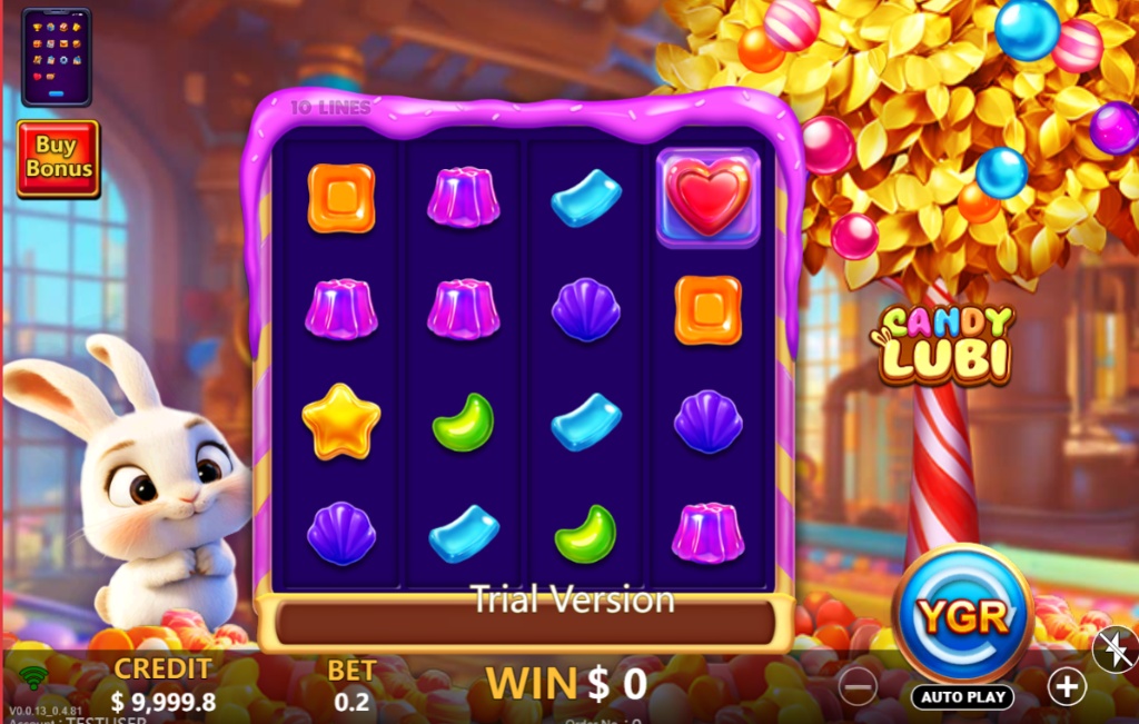 The main game screen of the Candy Lubi slot demo, showing the 5x4 reel layout and the cute rabbit character.
