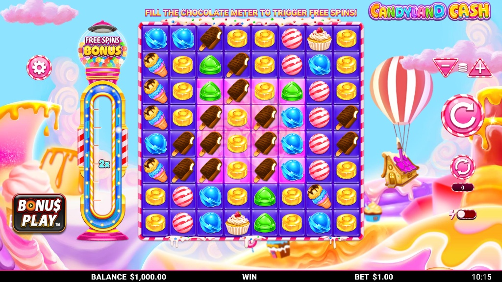 The main game grid of the Candyland Cash slot, showcasing the 8x8 layout and the Chocolate Meter feature.