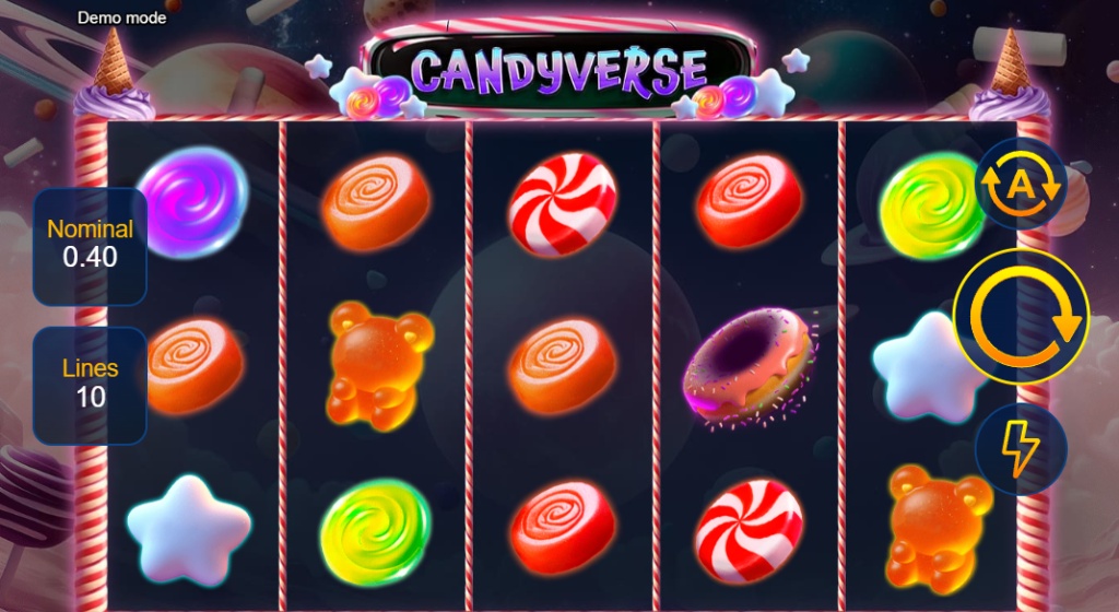 The main 5x3 reel grid of the Candyverse slot, showcasing the candy symbols and space theme during base gameplay.