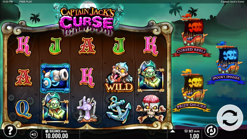 The main 5x3 reel grid of the Captain Jack's Curse slot, featuring spooky pirate symbols and the three Ghostly Ships bonus triggers.