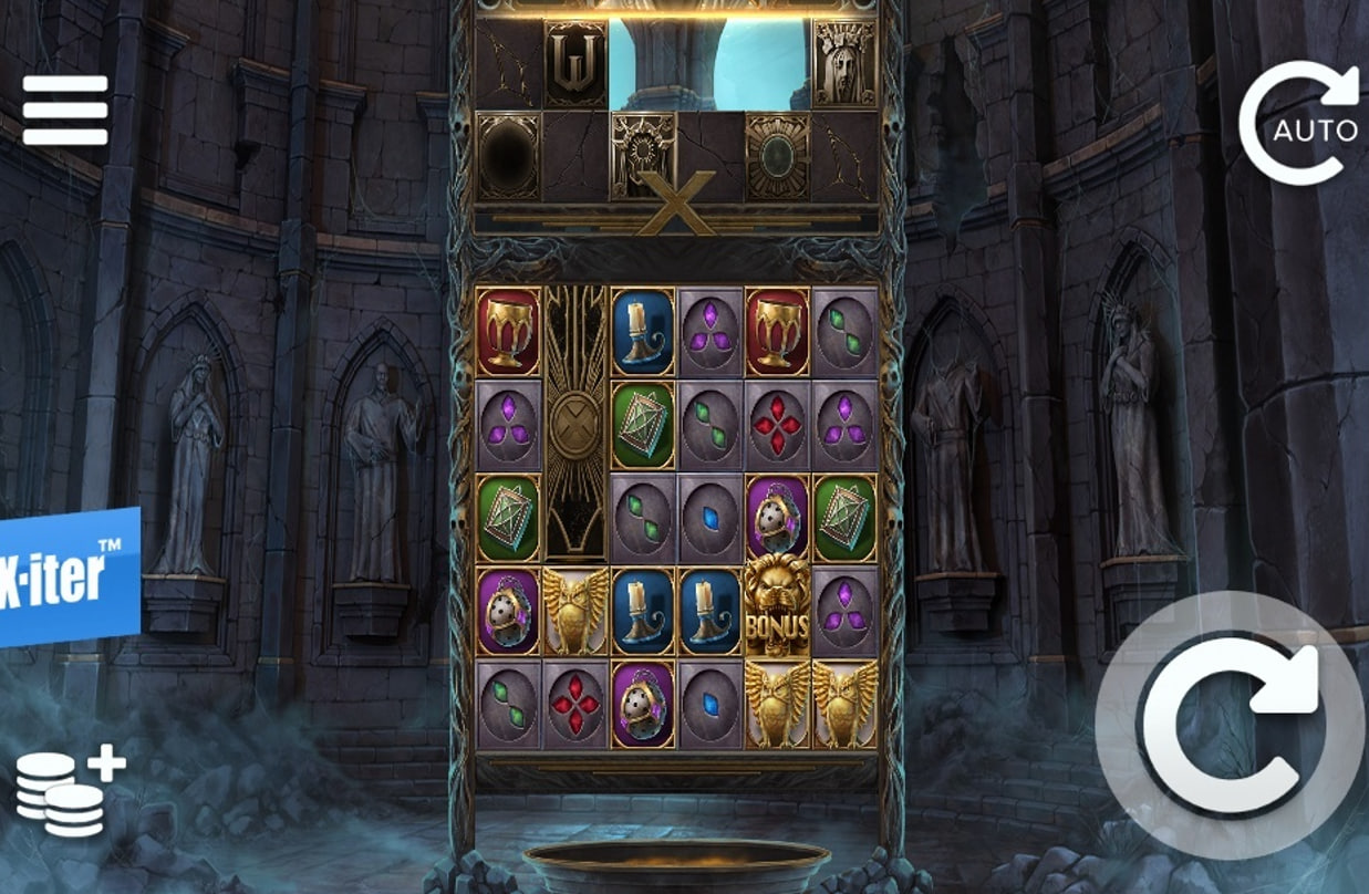 The main 6x5 game grid of the Cathedral slot, showcasing the Scatter Pays mechanic and the overhead Feature Reel with special symbols.