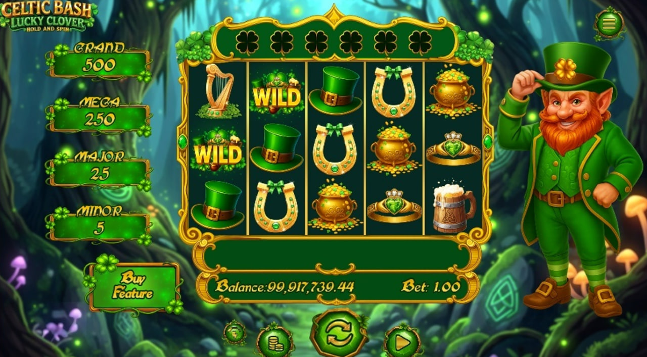 The base game screen of Celtic Bash Lucky Clover slot, showing the 5x4 reel layout and the leprechaun character.
