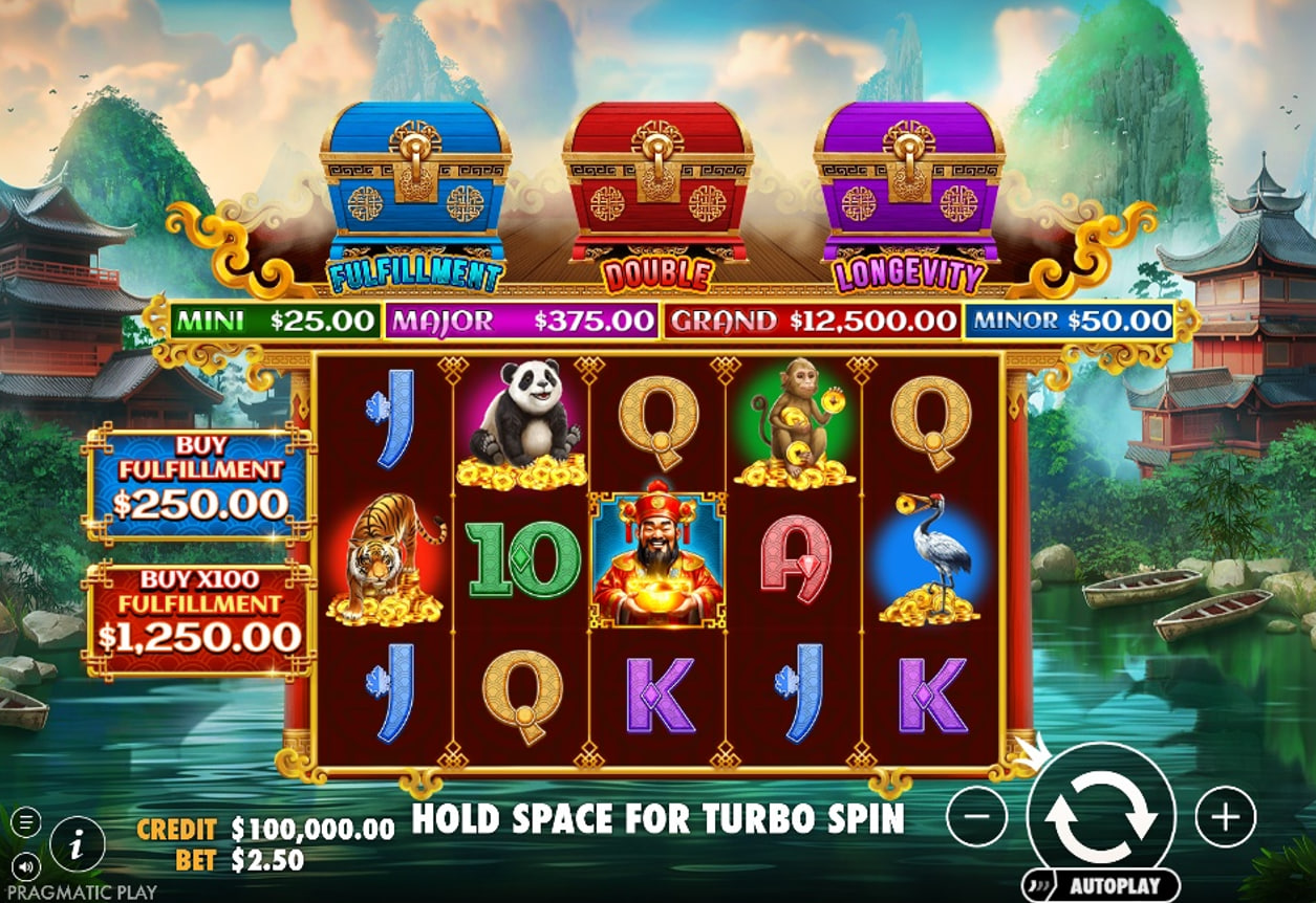 The 5x3 reel layout of the Chests of Cai Shen 2 slot, showcasing the high-paying symbols and the three modifier chests above the grid.