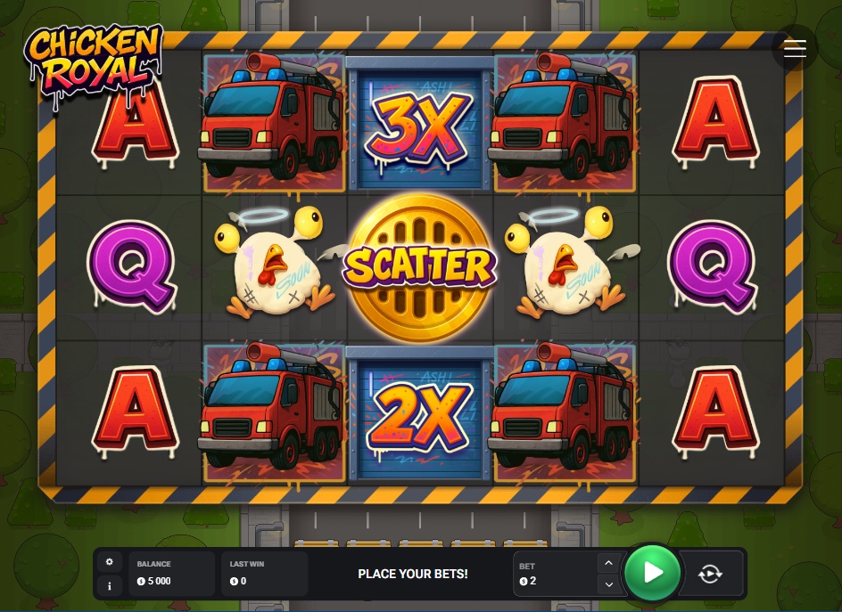 The base game screen of the Chicken Royal slot, showing the 5x4 reel layout with urban-themed symbols.