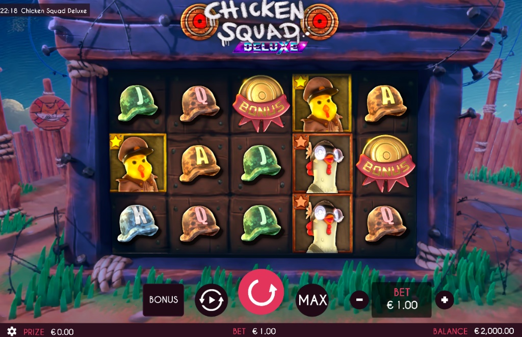 The 5x3 reel grid of the Chicken Squad Deluxe slot, showcasing its military-themed chicken symbols and golden bonus icons.