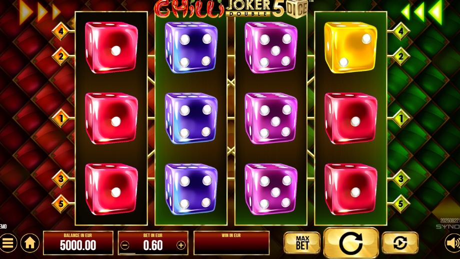 The 4x3 reel layout of the Chilli Joker Double 5 Dice slot game, displaying the colorful dice symbols and user interface.