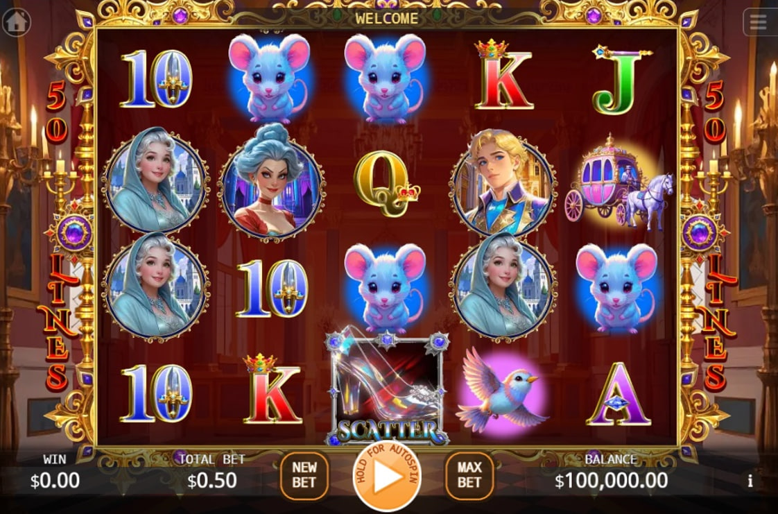 The main 5x3 game grid of the Cinderella's Glass Slipper slot, showing character symbols and the reel layout.