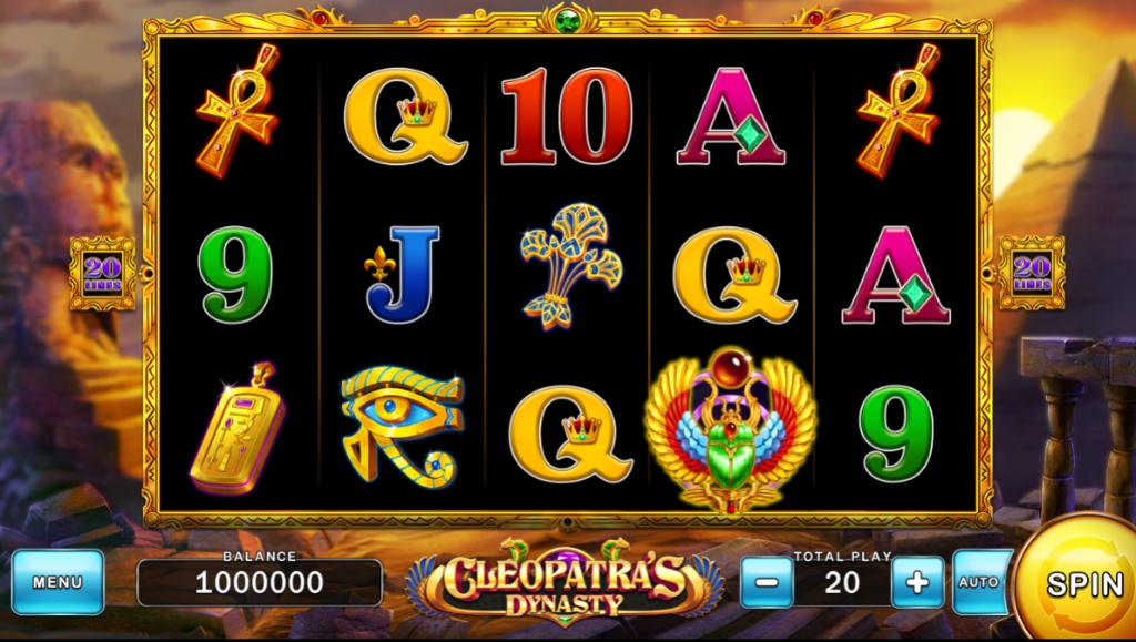 The main 5x3 reel layout of the Cleopatra's Dynasty slot, featuring Egyptian-themed symbols.