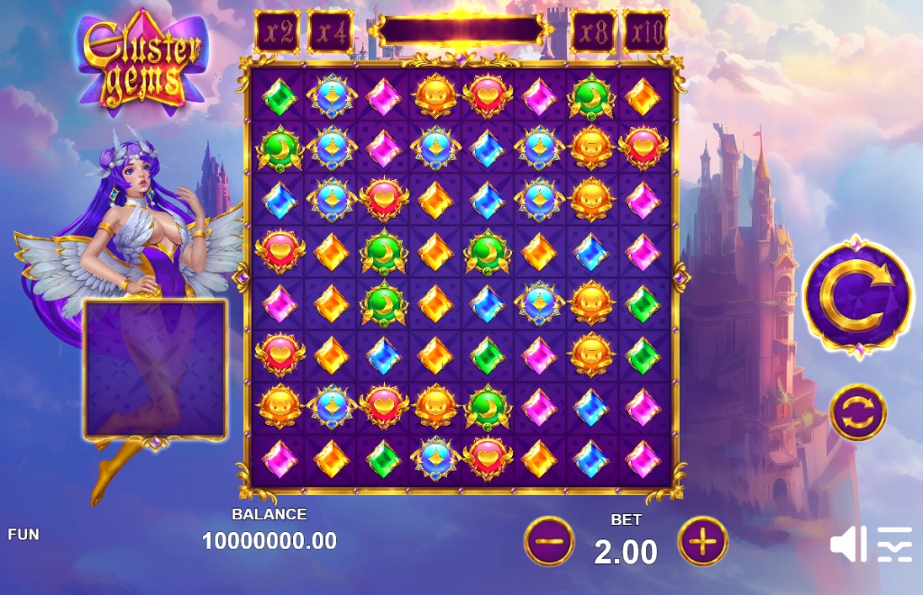 The main 7x7 game grid of the Cluster Gems slot, showing the fantasy theme and cluster pays layout.