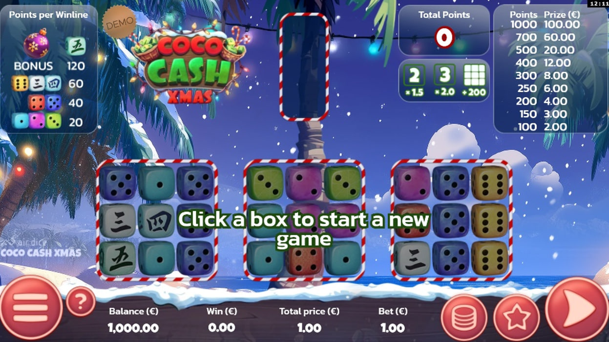 The base game grid of the Coco Cash Xmas slot demo, showing the four 3x3 boxes and the strategic dice placement mechanic.