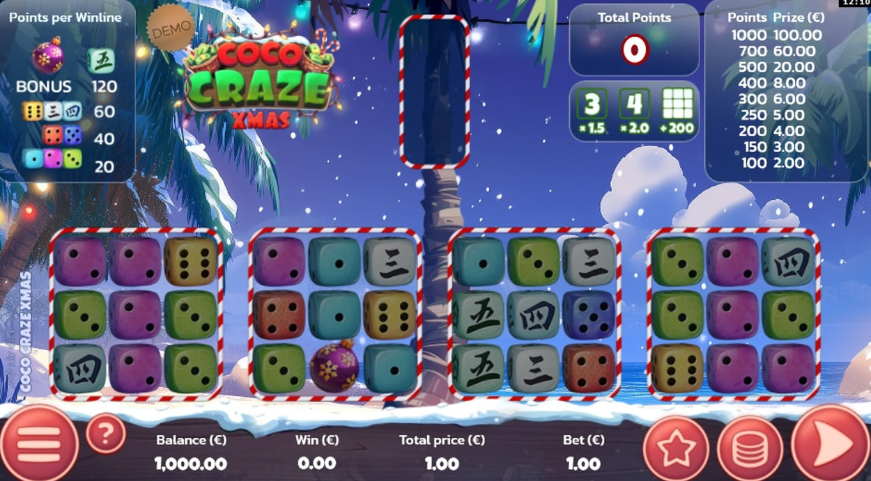 The main game screen of Coco Craze Xmas slot, showing the four 3x3 dice grids against a snowy tropical beach backdrop.