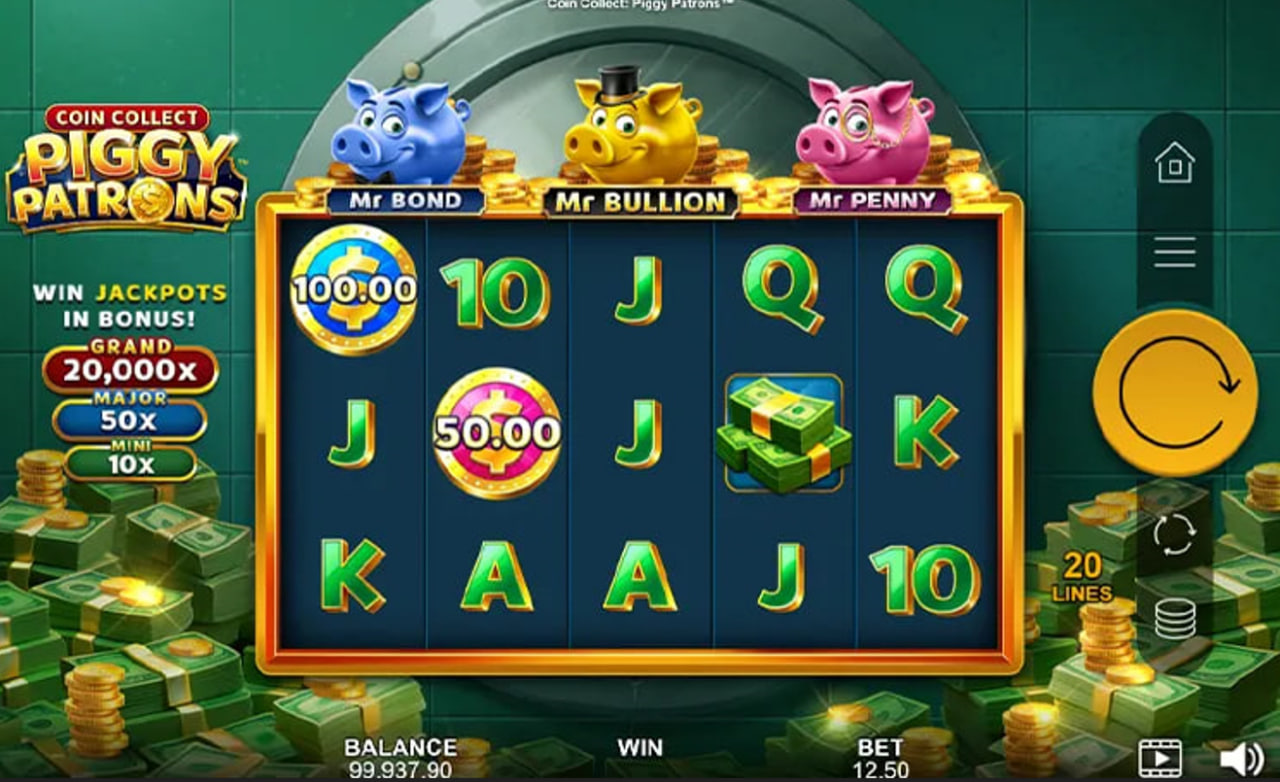 Coin Collect Piggy Patrons slot base game interface showing 5x3 reels with money symbols and bank vault background.