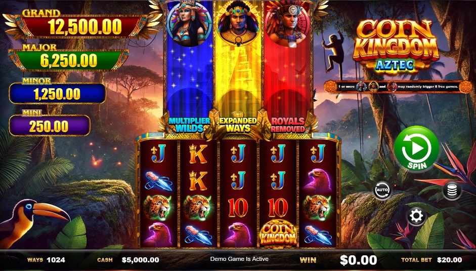 The main game screen of the Coin Kingdom Aztec slot, showing the 5x4 reel layout, special modifiers, and jackpot values.