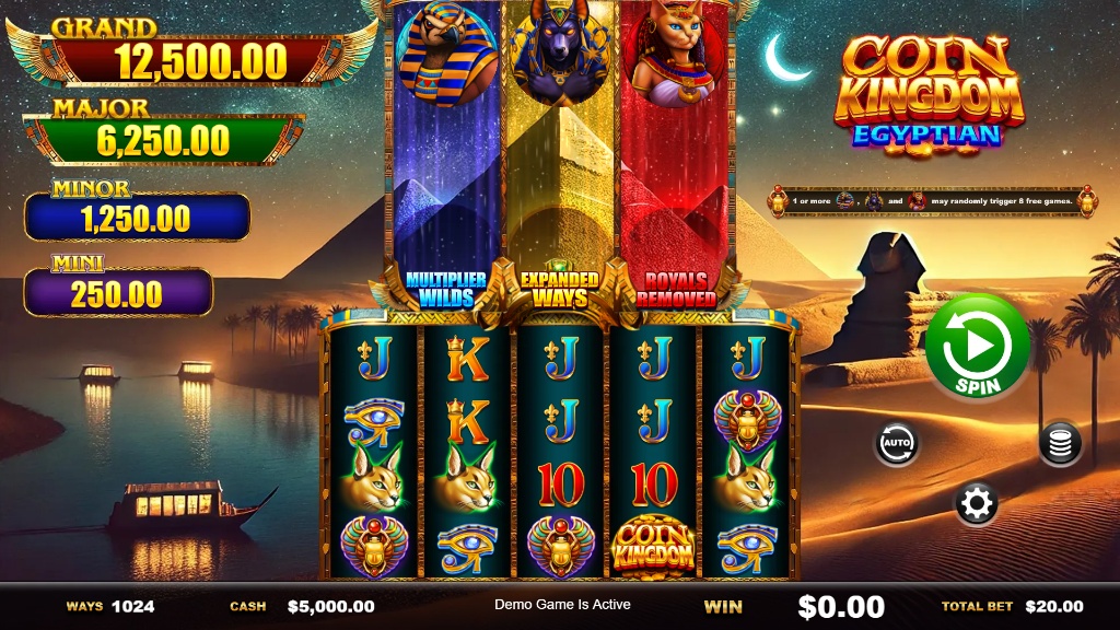 A screenshot of the Coin Kingdom Egyptian slot game, showing the 5x4 reel grid with various Egyptian-themed symbols and the four fixed jackpots on the left side of the screen.