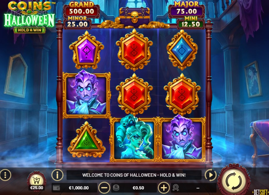 The main 3x3 game grid of the Coins of Halloween slot, showing the character symbols and jackpot values.