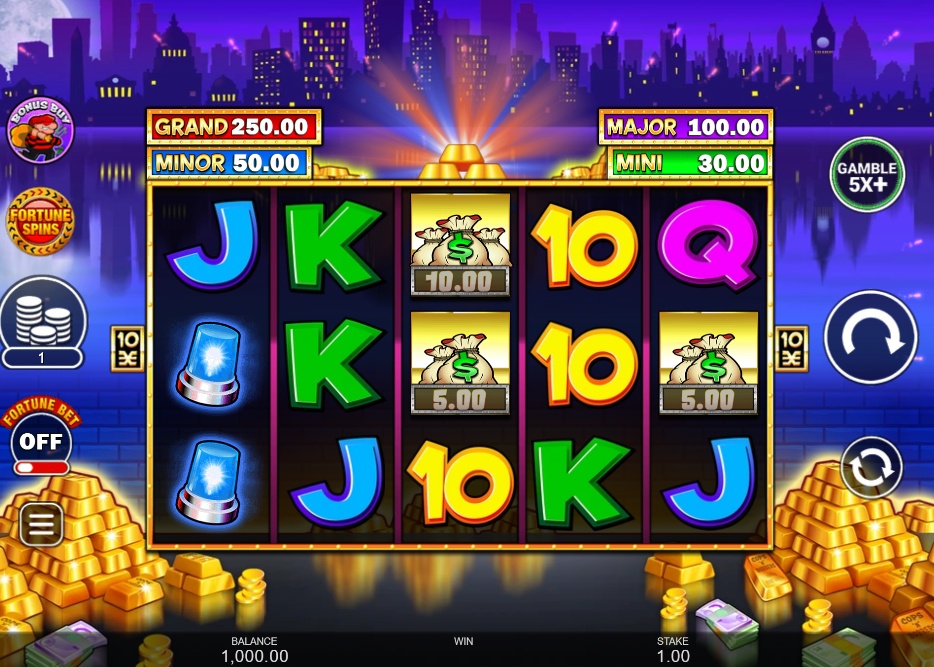 The main 5x3 reel grid of the Cops ‘n’ Robbers Grand Chance slot, showing symbols and fixed jackpots.
