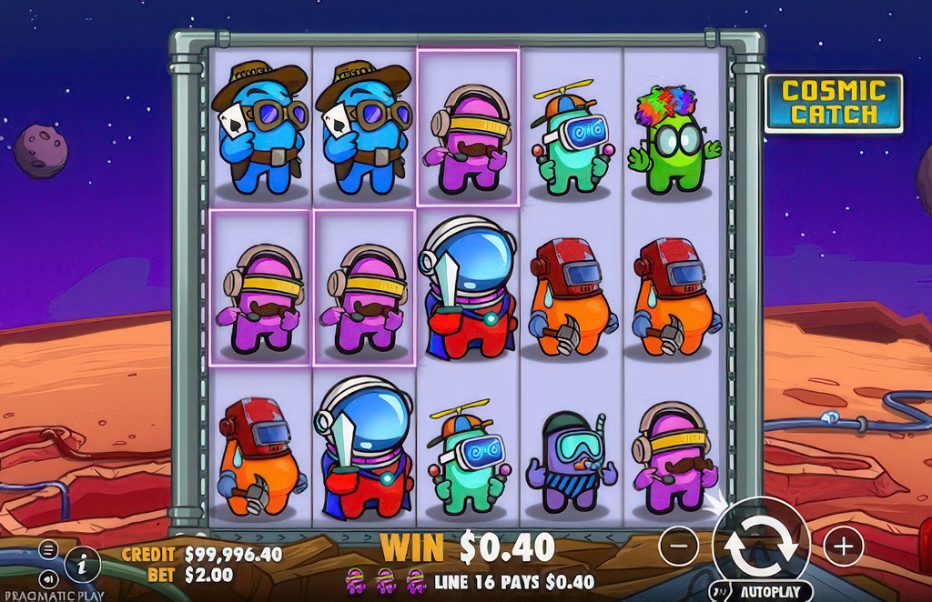 The main game screen of the Cosmic Catch slot, featuring a 5x3 grid filled with colorful astronaut characters inspired by the video game "Among Us".