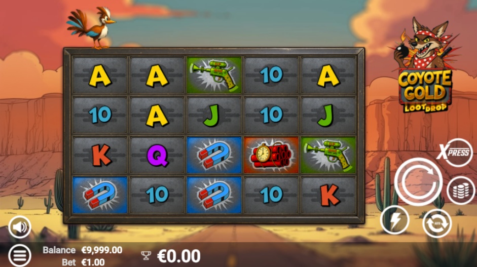 The 5x3 game grid of the Coyote Gold Loot Drop slot, featuring its cartoon-style desert theme and various symbols.