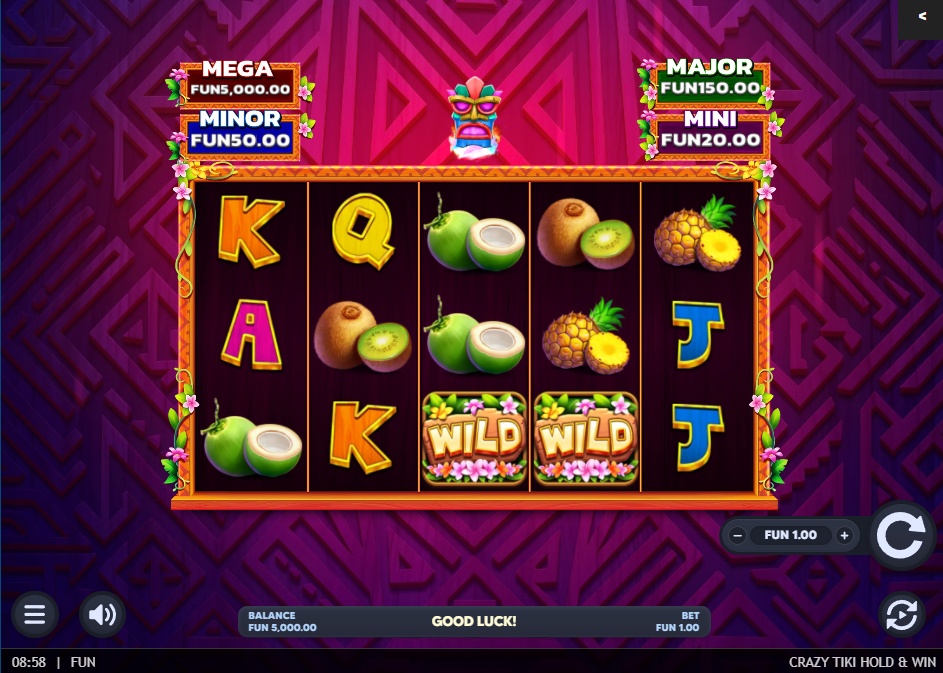 The main game screen of Crazy Tiki Hold & Win, showcasing the 5x3 reel layout against a purple tiki-patterned background.
