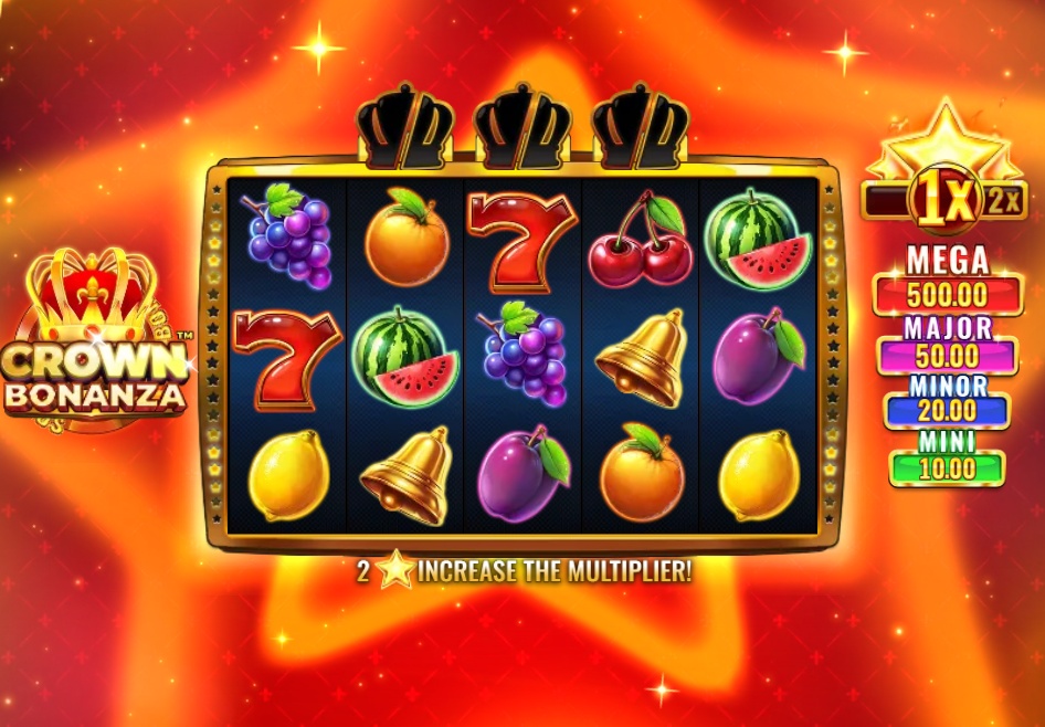 The main 5x3 reel grid of the Crown Bonanza slot, displaying fruit symbols and the four Star Jackpots.