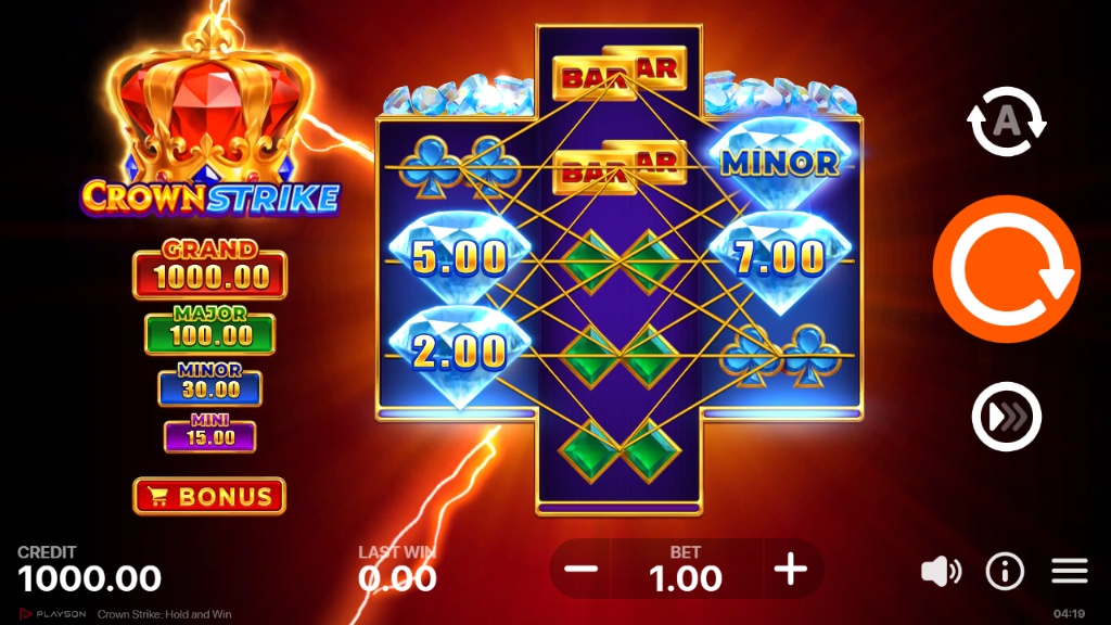 The main game grid of the Crown Strike: Hold and Win slot, showcasing its unique reel layout and jackpot display.