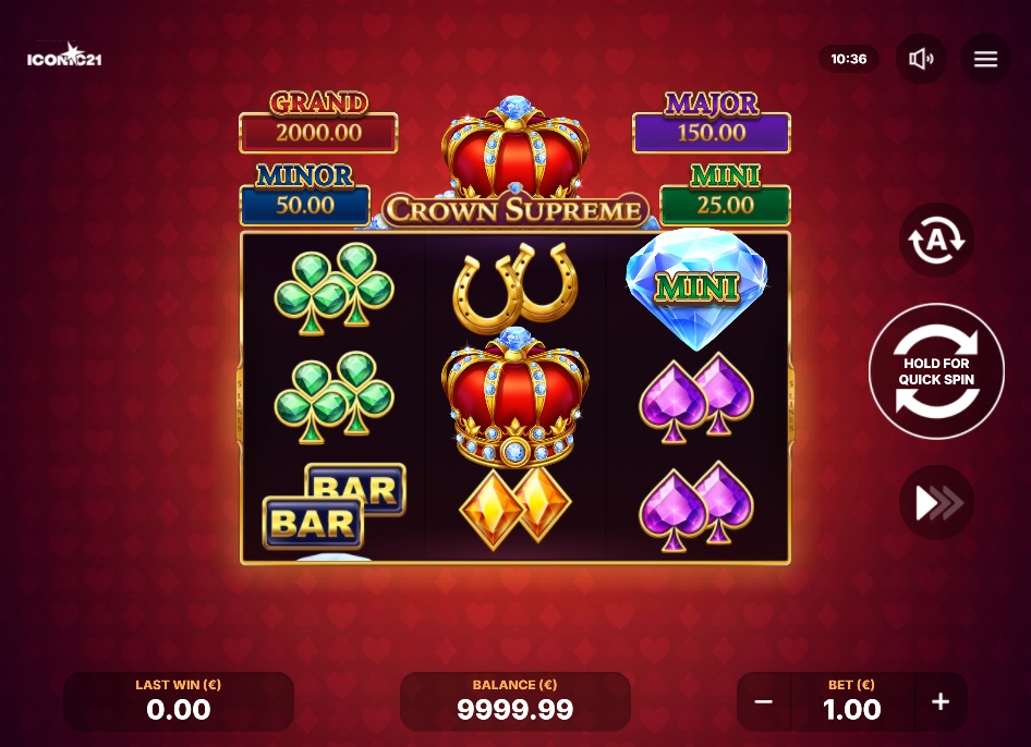The main 3x3 game grid of the Crown Supreme slot, showing the classic symbols and the four fixed jackpots above the reels.