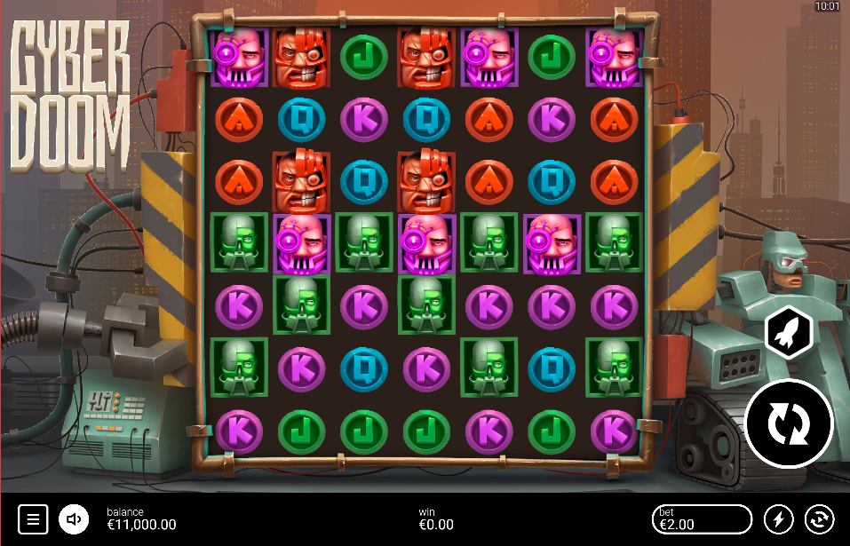 A view of the 7x7 grid in the Cyber Doom slot base game, showing various cyborg and tech symbols.