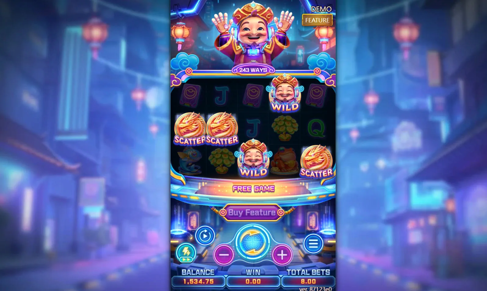 Triggering the Free Spins bonus in Cyber God of Fortune with five Scatter symbols, which initiates the Scatter Reveal prelude to the bonus round.