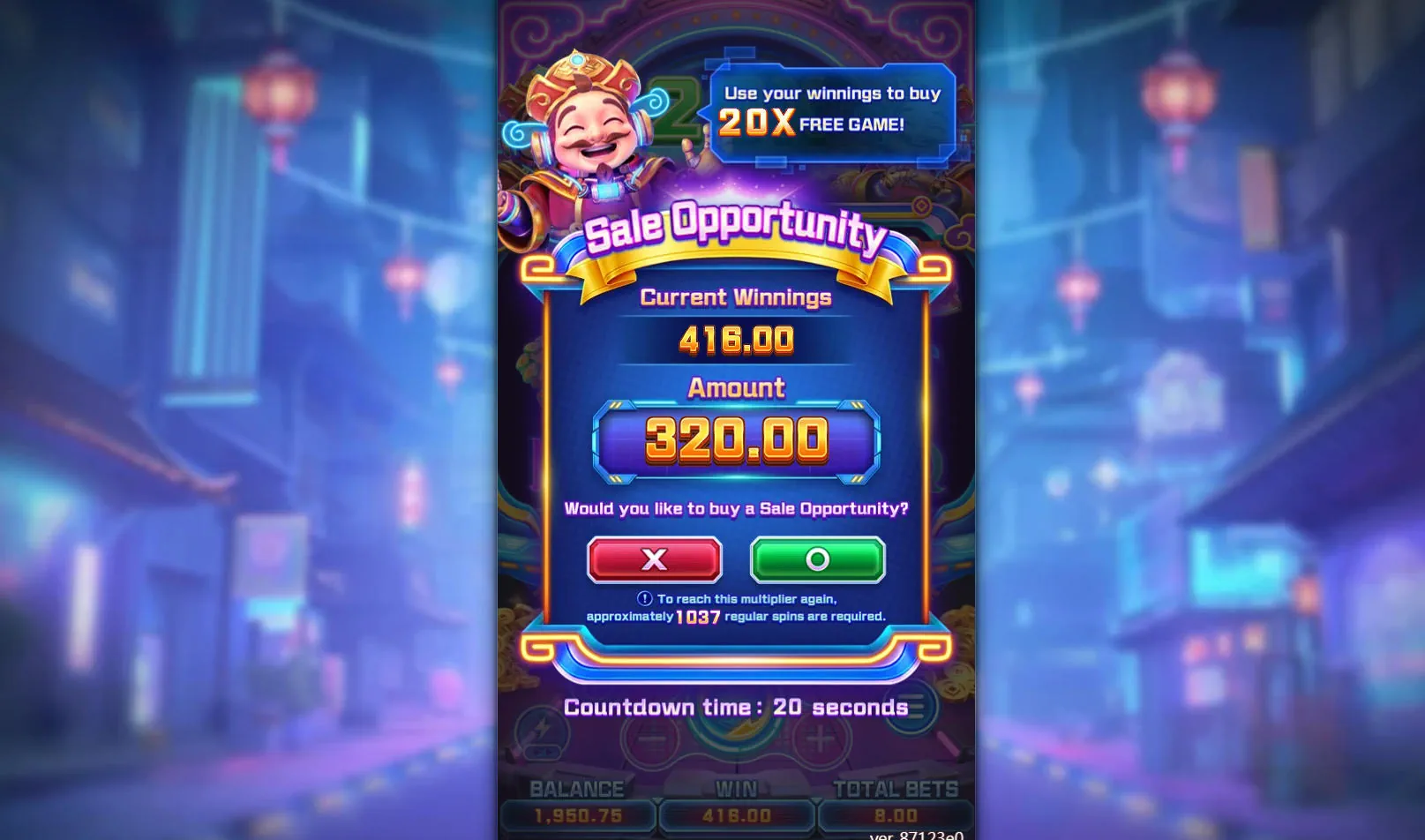 The Sale Opportunity decision screen in Cyber God of Fortune, presenting the player with the high-risk choice to buy one more spin at a high multiplier.