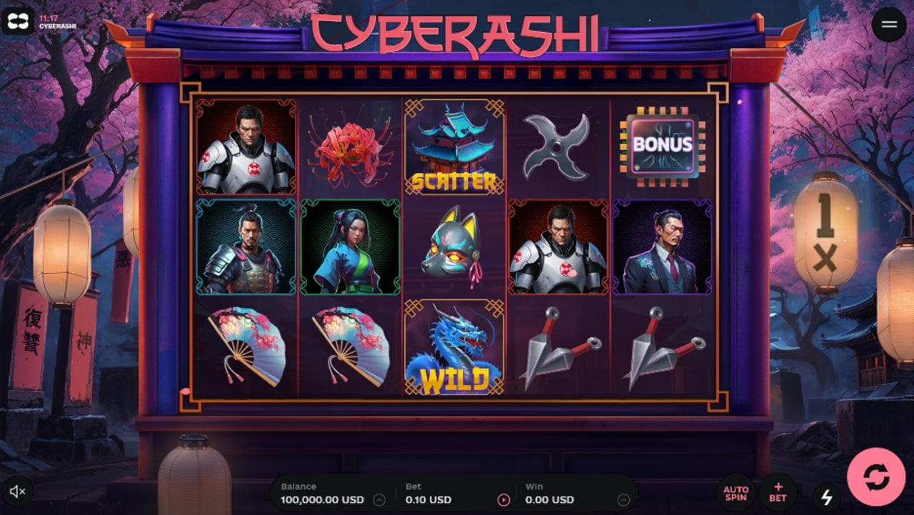 The main 5x4 game grid of the Cyberashi slot, showcasing its cyberpunk samurai theme and character symbols.