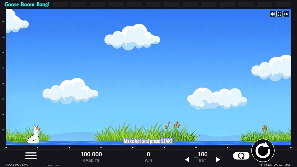 The starting screen of the Goose Boom Bang! demo, showing the goose on the water before the round begins.