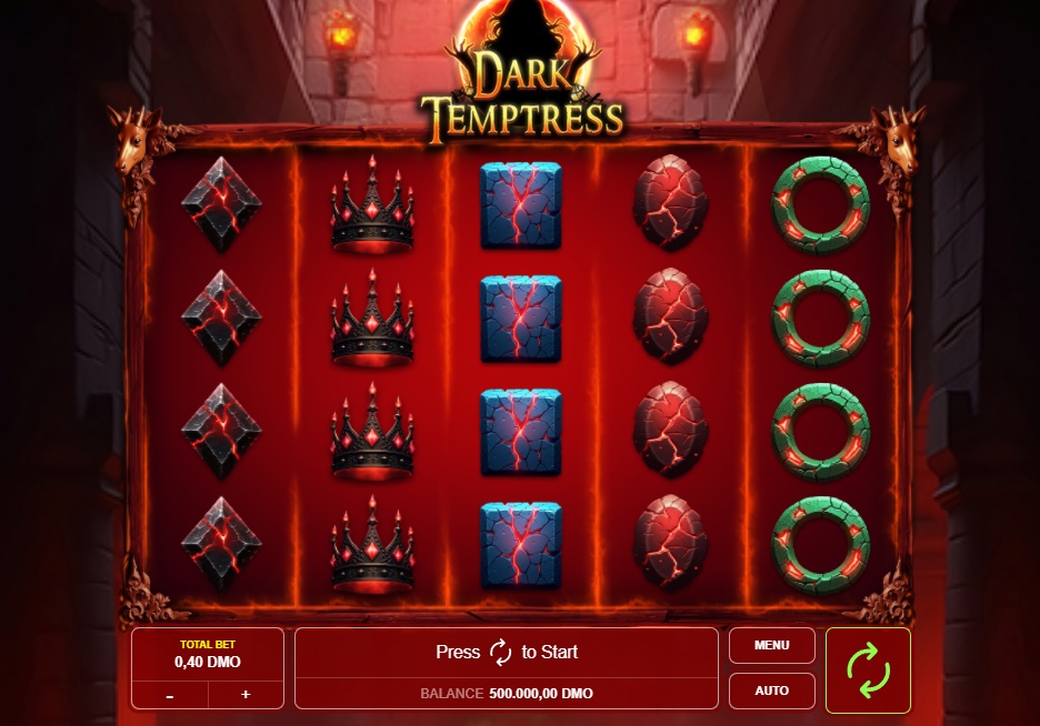 The main 5x4 reel grid of the Dark Temptress slot, showing high and low-value symbols.