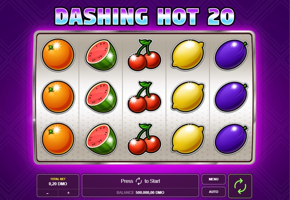 The main 5x3 reel layout of the Dashing Hot 20 slot, displaying a variety of classic fruit symbols.