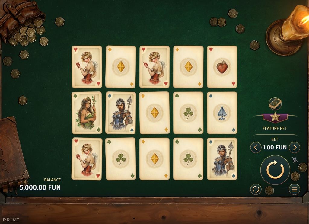 The base game layout of the Deck of Scurra slot, showing the 5x3 card grid and dark, atmospheric background.